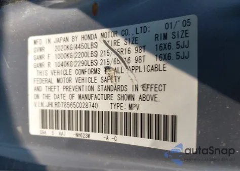 2005 Honda Cr-V Lx from USA, damaged, VIN JHLRD78565C028740